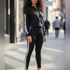 NWT L'Rev37 Size Small Crop Hoodie & Pants Set With Side Rhinestone Stripes!